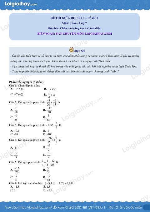 Đề thi giữa kì 1 Toán 7 - Đề số 10